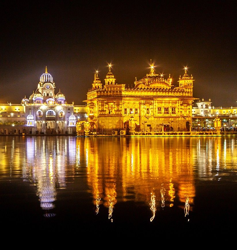 The Famous Golden temple of Amritsar at night, India. Place of Pilgrimage for Sikh religion